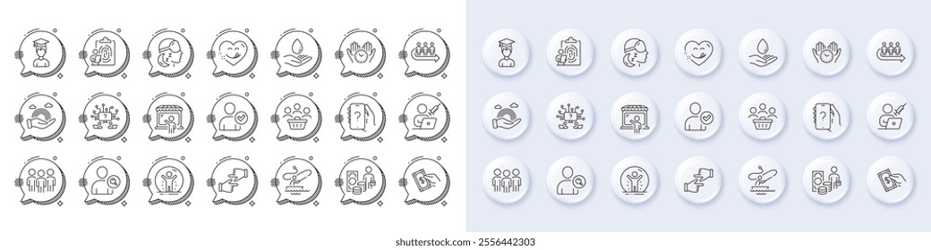 Identity confirmed, Group and Lgbt line icons. White pin 3d buttons, chat bubbles icons. Pack of Water care, Safe time, Yummy smile icon. Fingerprint, Boat fishing, Pay money pictogram. Vector