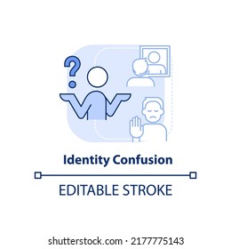 Identity confusion light blue concept icon. Confused thoughts. Stage of coming out abstract idea thin line illustration. Isolated outline drawing. Editable stroke. Arial, Myriad Pro-Bold fonts used