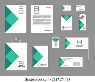 Identity, corporate style. Set of templates for design, vector. Green and white color, design with squares and triangles. Form, notepads, business cards, envelope, flag.