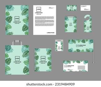 Identity, corporate style. Set of templates for design, vector. 
Palm leaves. Form, notepads, business cards, envelope, flag.