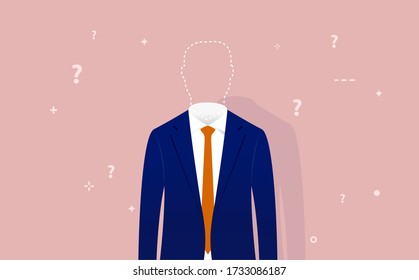 Identity crisis - anonymous man with no personality whose head is replaced with dotted line. Question marks flying around. Loosing yourself or oneself concept. Vector illustration.