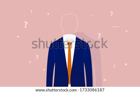 Identity crisis - anonymous man with no personality whose head is replaced with dotted line. Question marks flying around. Loosing yourself or oneself concept. Vector illustration.