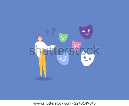 identity crisis, mental disorders, personality disorders, or multiple personalities. someone who has difficulty controlling facial expressions and difficulty expressing emotions. illustration concept 