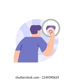 identity crisis, mysterious person, anonymous. a person who reflects and is confused by his own personality. lose identity. flat cartoon illustration. vector concept design