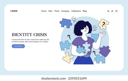 Identity crisis theme illustrated with a person juggling puzzle pieces. The design captures the confusion and searching for self-identity. An engaging visual representation of emotional struggle