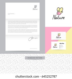 Identity design consisting of logo, business card, letterhead and seamless pattern.
