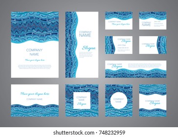 Identity design vector template set. Blue sea mosaic ornaments for folders, blanks, business cards, postcards, invitations and banners. Hand drawn decorative oriental elements and graphics