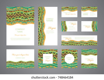 Identity design vector template set. Green, brown and orange mosaic ornaments for folders, blanks, business cards, postcards, invitations and banners. Hand drawn decorative oriental elements