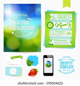 Identity design for Your business. Eco friendly style. Set of blanks, business card, leaflet, mobile app, sticker. Vector illustration.