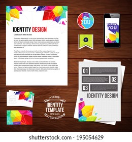 Identity design for Your business, geometric style. Set of blanks, business card, leaflet, mobile app, sticker. Vector illustration.