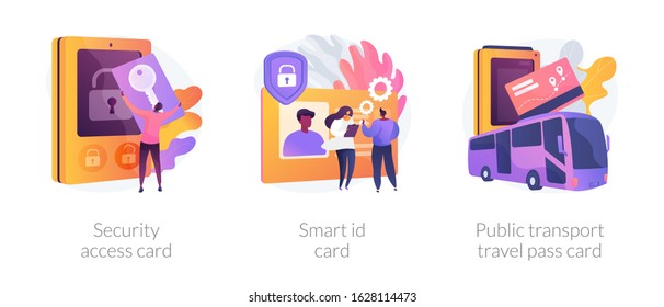 Documento de identidad. Sistema de entrada sin llave. Billete de transporte urbano. Tarjeta de acceso de seguridad, tarjeta de identificación inteligente, tarjetas de pasaje de transporte público metáforas. Ilustraciones de metáforas conceptuales aisladas por vectores