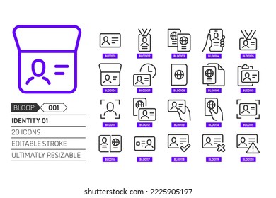 Identity documents related, pixel perfect, editable stroke, up scalable, line, vector bloop icon set. 