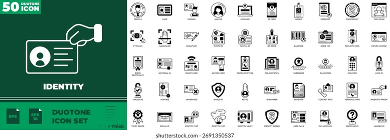 Identity Duotone Editable Icons set. Vector illustration in modern thin duotone style of identity icons: identification, id, person, etc