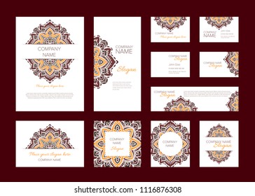 Identity ethnic design vector template set. Coffee brown, beige and orange arabic mandala ornaments