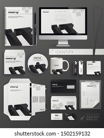 IT Identity Flat Cartoon Vector Illustration. Classic Stationery Template Design such as Notebook, CD Disk, Cup, Flash Drive, Envelope, Business Card, Folder and Letterhead. Doigitality Logotype.