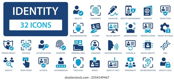 Identity flat icons collection. Passport, fingerprint, signature, biometric, identification, ID card, DNA, badge sign set.