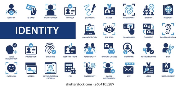 Identity flat icons set. Passport, fingerprint, signature, biometric, identification, ID card, DNA, badge icons and more signs. Flat icon collection.