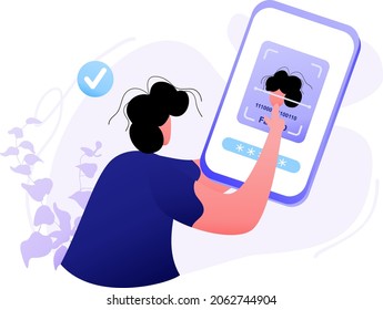 Identity Veriﬁcation flat illustration concept Identity Biometric Verification, dark blue, light blue, red color, minimal style, perfect for landing pages, templates, UI, web, mobile app, posters, ban