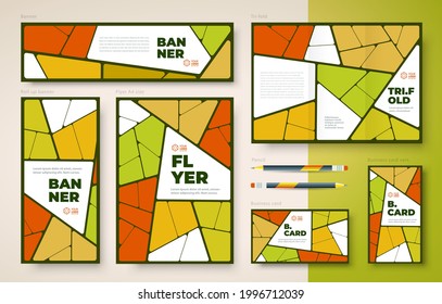 Identity Hand drawn mosaic autumn theme. Set flyer cover, tri-fold, banner, roll up banner, business card