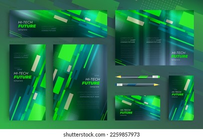 Identity high tech future lines and squares actions Set flyer cover, tri-fold, banner, roll up banner, business card blue and green color