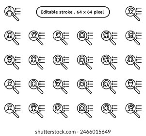 Identity hiring or human resource management vector icon set in an outline or line style. A collection such as boy, girl, woman, and old man. Human made 64x64 pixels icon. Editable stroke.