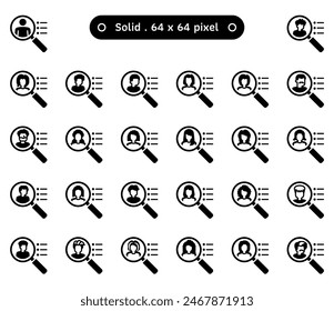 Identity hiring or human resource management vector icon set in a solid or glyph style. A collection such as boy, girl, woman, and old man. Human made 64x64 pixels icon.