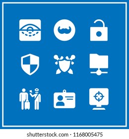 identity icon. 9 identity vector set. verification, personal identification card, unlock and shield icons for web and design about identity theme