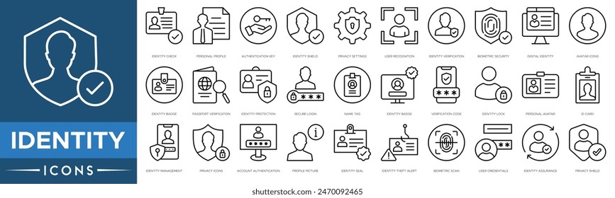 Identity icon. Identity Check, Personal Profile, Authentication Key, Identity Shield, Privacy Settings, User Recognition, Verification, Biometric Security and Digital Identity