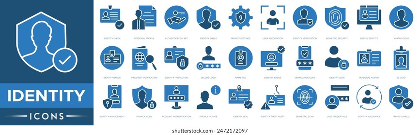 Icono de identidad. Verificación de identidad, Perfil personal, Clave de autenticación, Escudo de identidad, Configuraciones de privacidad, Reconocimiento de usuarios, Verificación, Seguridad biométrica e Identidad digital