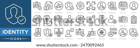 Identity icon. Identity Check, Personal Profile, Authentication Key, Identity Shield, Privacy Settings, User Recognition, Verification, Biometric Security and Digital Identity