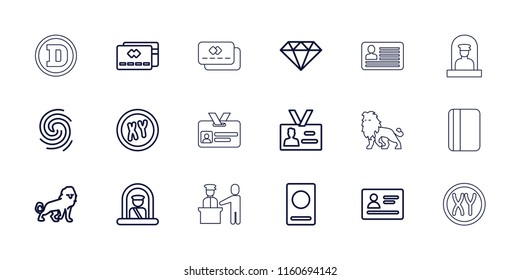 Identity icon. collection of 18 identity outline icons such as airport officer, passport, lion, credit card, xy, badge. editable identity icons for web and mobile.