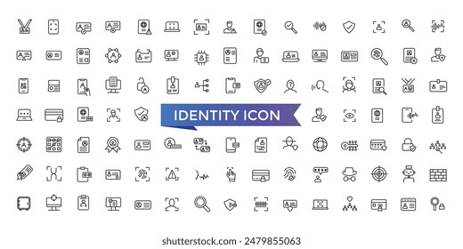 Identity icon collection. Related to ID card, biometric, fingerprint, identification, passport, DNA and authentication icons.