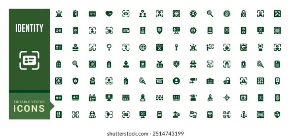 Identity icon collection. Related to id card, biometric, fingerprint, filled icon set, glyph icon set for web and ui. Editable stroke. Solid icon set. Vector illustration.