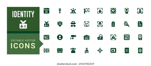 Coleção de ícones de identidade. Relacionado ao cartão de identificação, biométrico, impressão digital, conjunto de ícones preenchido, conjunto de ícones de glifo para web e ui. Traçado editável. Ícone sólido definido. Ilustração vetorial.