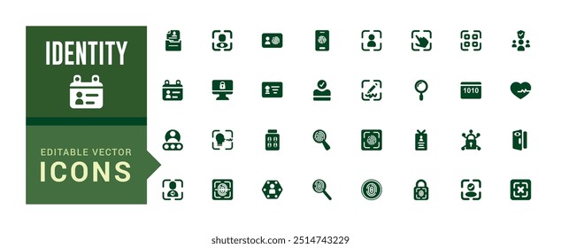 Identity icon collection. Related to id card, biometric, fingerprint, filled icon set, glyph icon set for web and ui. Editable stroke. Solid icon set. Vector illustration.