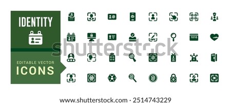 Identity icon collection. Related to id card, biometric, fingerprint, filled icon set, glyph icon set for web and ui. Editable stroke. Solid icon set. Vector illustration.