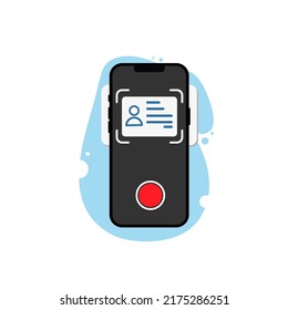 Identity Icon. ID Card Scanning For Identification. Individual Data Verification. Smartphone Is Taking Photo Of ID Card To Verify Identity. Vector Flat Design Illustration.