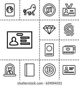 Identity icon. set of 13 outline identityicons such as airport officer, passport, lion, d letter, badge, finger print, gem, xy