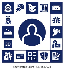 identity icon set. 17 filled identity icons.  Collection Of - Hacker, Owl, Scan, User, d, Peacock, Dove, Pigeon, Hidden, Letter, QR, Shapes, Emblem