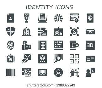 identity icon set. 30 filled identity icons.  Collection Of - User, Fingerprint scan, Letter, Peacock, Code, Passport, Emblem, Dove, Hacker, Identification, Fingerprint, Passports