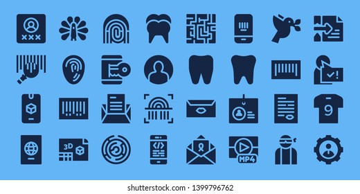identity icon set. 32 filled identity icons. on blue background style Collection Of - User, Barcode, d, Passport, Peacock, Fingerprint, Hacker, Letter, Maze, Tooth, Coding, Identification