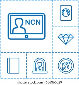 Identity icon. set of 6 identity outline icons such as airport officer, passport, badge, gem