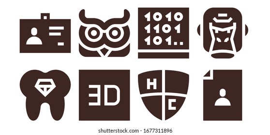 conjunto de iconos de identidad. 8 iconos de identidad rellenos. Incluidos Dientes, ID, d, Owl, Emblem, Coding, Usuario, Iconos de Gorila