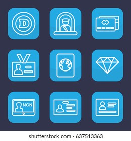 Identity icon. set of 9 outline identity icons such as airport officer, passport, d letter, badge, gem