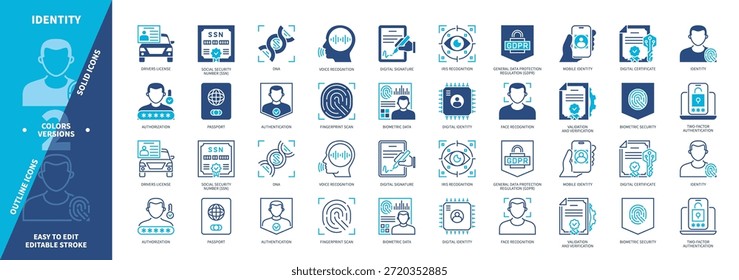 Conjunto de ícones de identidade. Autenticação, Dados Pessoais, Reconhecimento de Íris, DNA, Cartão de Identificação, Carteira de Motorista, Identidade Móvel, Segurança Biométrica. Ícones de contorno sólido e editável de cor duotônica