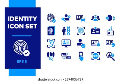 Conjunto de iconos de identidad. Chat, perfil en línea, información personal. Visitante, phishing, tarjeta de identificación, avatar con marca de verificación, administración de aplicaciones, Office Badge, detalles personales, buscador de personas, exploración de ojos.