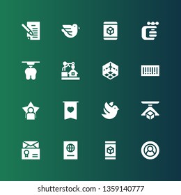 identity icon set. Collection of 16 filled identity icons included User, d, Passport, Letter, Dove, Badge, Barcode