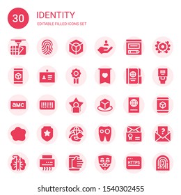 identity icon set. Collection of 30 filled identity icons included d, Fingerprint, User, Evidence, ID, Badge, Passport, Amc, Barcode, Custom, Dove, Tooth, Letter, Emblem, Peacock