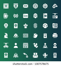 identity icon set. Collection of 36 filled identity icons included Fingerprint scan, Eagle, Letter, d, Badge, Passport, User, Hacker, Dove, Evidence, Shredder, Vip pass, Barcode