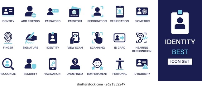 Identity icon set collection. Add friends, password, passport, recognition, verification, biometric, finger, signature, view scan, id card and best solid icon set.